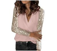 SYDUZAX T-Shirt à Paillettes Femme Patchwork Pull à Manches Longues et Col en V pour Femme Haut Chic Et élégant Sexy Chemise Femme Brillantes Paillettes Tee Shirt Tunique Casual Loose Tops Pas Cher