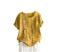 SYDUZAX T-Shirt Boutonnée à Imprimé Fleuri Chemise Lin Femme Col Rond Manches Courtes Hauts D'été Grande Taille Coton Lin Chemiser Tunique Confortable Doux Vintage Décontracté Amples Tops pour Femme