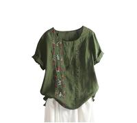 SYDUZAX T-Shirt Boutonnée à Imprimé Fleuri Chemise Lin Femme Col Rond Manches Courtes Hauts D'été Grande Taille Coton Lin Chemiser Tunique Confortable Doux Vintage Décontracté Amples Tops pour Femme
