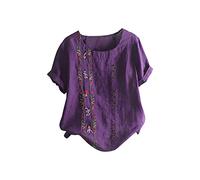 SYDUZAX T-Shirt Boutonnée à Imprimé Fleuri Chemise Lin Femme Col Rond Manches Courtes Hauts D'été Grande Taille Coton Lin Chemiser Tunique Confortable Doux Vintage Décontracté Amples Tops pour Femme