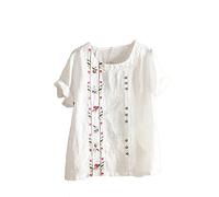 SYDUZAX T-Shirt Boutonnée à Imprimé Fleuri Chemise Lin Femme Col Rond Manches Courtes Hauts D'été Grande Taille Coton Lin Chemiser Tunique Confortable Doux Vintage Décontracté Amples Tops pour Femme