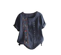 SYDUZAX T-Shirt Boutonnée à Imprimé Fleuri Chemise Lin Femme Col Rond Manches Courtes Hauts D'été Grande Taille Coton Lin Chemiser Tunique Confortable Doux Vintage Décontracté Amples Tops pour Femme