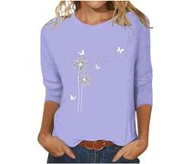 SYDUZAX T-Shirt Col Rond à Manches 3/4 Coupe Basique Femme Motif Pissenlit Imprimé Papillon Tendance Chemisier d'été T-Shirt Coupe Ajustée Chemisier d'été décontracté Amples à Manches Longues