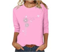 SYDUZAX T-Shirt Col Rond à Manches 3/4 Coupe Basique Femme Motif Pissenlit Imprimé Papillon Tendance Chemisier d'été T-Shirt Coupe Ajustée Chemisier d'été décontracté Amples à Manches Longues