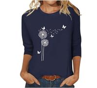 SYDUZAX T-Shirt Col Rond à Manches 3/4 Coupe Basique Femme Motif Pissenlit Imprimé Papillon Tendance Chemisier d'été T-Shirt Coupe Ajustée Chemisier d'été décontracté Amples à Manches Longues