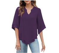 SYDUZAX T-Shirt D'été Couleur Unie Manches Mi-Longues pour Femme Hauts Léger Col en V Manches 3/4 Haut Décontracté Doux et Confortable Ourlet Irrégulier Tops Polyvalente Coupe Ample pour Quotidien