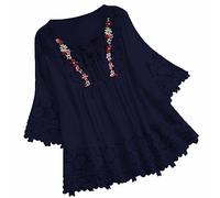SYDUZAX T-Shirt en Coton et Lin Chemisier pour Femme Élégant Coutures en Dentelle Col Cravate Pull à Manches Courtes Chemisier Grande Taille Décontracté pour l'été pour Les fêtes Tailles