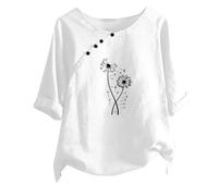 SYDUZAX T-Shirt en Coton et Lin pour Femme Vintage Imprimé Floral avec Boutons Haut Court Manches Courtes Col Rond,Hauts Amples pour Femmes, Grande Taille, Hauts à Manches Courtes