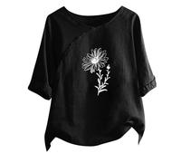 SYDUZAX T-Shirt en Coton et Lin pour Femme Vintage Imprimé Floral avec Boutons Haut Court Manches Courtes Col Rond,Hauts Amples pour Femmes, Grande Taille, Hauts à Manches Courtes
