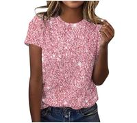 SYDUZAX Tee Shirt à Paillettes Femme T-Shirt Brillant Imprimé Haut Manches Courtes Col Rond Chemise Femme Grande Taille Ample Tshirt Femmes Décontracté Chemisier Blouse Sport Lache Top Pas Cher