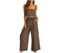 SYDUZAX Tenue 2 Pièces Pour Femme Coton et Lin Ensemble Femme Sexy Haut Court D'été Débardeur Sans Manches et Pantalon À Jambes Larges Ensemble Avec Poches Décontracté Couleur Unie Survêtement