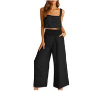 SYDUZAX Tenue 2 Pièces Pour Femme Coton et Lin Ensemble Femme Sexy Haut Court D'été Débardeur Sans Manches et Pantalon À Jambes Larges Ensemble Avec Poches Décontracté Couleur Unie Survêtement