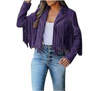 SYDUZAX Veste en Jean Femme Veste Daim avec Frange Cardigan Ouvert Court clouté Veste Biker Casual Léger Années 70 Ouvert Pull Manteau sur le devant Gilet Long Vintage Couleur Unie Décontracté