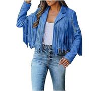 SYDUZAX Veste en Jean Femme Veste Daim avec Frange Cardigan Ouvert Court clouté Veste Biker Casual Léger Années 70 Ouvert Pull Manteau sur le devant Gilet Long Vintage Couleur Unie Décontracté