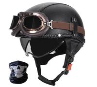 SYEBVTQ Vintage Ouverte Casque Moto Jet Moto Casque Bol, ECE Homologué Casque Moto Vintage Ouvert avec Lunettes Cachées et Boucle Détachable, pour Hommes et Femmes Chopper Scooter