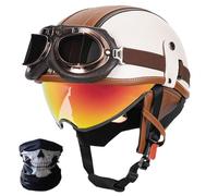 SYEBVTQ Vintage Ouverte Casque Moto Jet Moto Casque Bol, ECE Homologué Casque Moto Vintage Ouvert avec Lunettes Cachées et Boucle Détachable, pour Hommes et Femmes Chopper Scooter