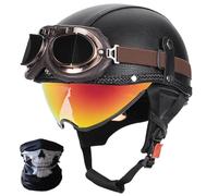 SYEBVTQ Vintage Ouverte Casque Moto Jet Moto Casque Bol, ECE Homologué Casque Moto Vintage Ouvert avec Lunettes Cachées et Boucle Détachable, pour Hommes et Femmes Chopper Scooter