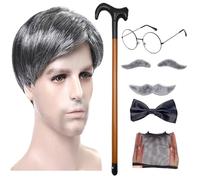 Syengery Costume de grand-père, perruque et moustache de grand-père | Kit de costumes de 8 pièces/ensemble | Perruque canne de marche, lunettes, Faux sourcils, moustache artificielle, nœud