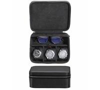 SYENS Boîte à montres en cuir véritable pour homme, étui de voyage avec compartiment à lunettes, sac de transport en cuir véritable grainé pour 3 montres, rouleau de voyage, fermeture éclair (noir)