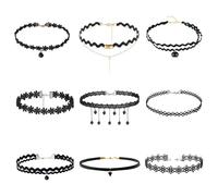 SYEYCW 9 Pièces Ras de Cou Femme, Set Choker Gothic Noir, Collier en Velours Stretch Gothique Réglable pour Femmes et Filles, Tatouage et Dentelle