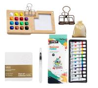 SYFFWZH Mini kit de peinture aquarelle 15 grilles de voyage avec palette en bois pliable, carnet de croquis, pinceau, sacs de rangement en tissu, 6 pièces