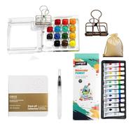 SYFFWZH Mini kit de peinture aquarelle 15 grilles de voyage avec palette en bois pliable, carnet de croquis, pinceau, sacs de rangement en tissu, 6 pièces