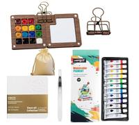 SYFFWZH Mini kit de peinture aquarelle 15 grilles de voyage avec palette en bois pliable, carnet de croquis, pinceau, sacs de rangement en tissu, 6 pièces