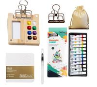 SYFFWZH Mini kit de peinture aquarelle 15 grilles de voyage avec palette en bois pliable, carnet de croquis, pinceau, sacs de rangement en tissu, 6 pièces