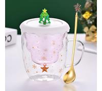 Syfunlv Tasse de Noël mignonne, tasse en verre à double paroi avec couvercle et cuillère, tasse à expresso, tasse à thé, tasse à lait, motif d'arbre de Noël (style 7)