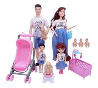 Syglawnd Ensemble de poupée familiale, Ensemble de poupée Enceinte en Toute sécurité avec Papa et 3 Enfants, 5 Personnes avec Accessoires Maison, Jouet Simulation pour Enfants