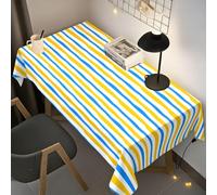 Syhi Qlty Nappes Rayures Bleues/Jaunes Carrée 140x140 cm Anti Tache - Nappe de Tables Anniversaire Style Vintage Champêtre pour Salle à Manger Basse Jardin Cuisine Chambre Balcon Décoration - X45