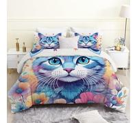 SYHIEGO Couette 140x200 cm 4 Saisons sans Housse, Imprimée Chat Bleu Aquarelle, Fleurs Aquarelle, Microfibre Douce et Légère, Édredon Lavable, Garnissage Respirant avec 2 Taies d’Oreiller-BZGAa48