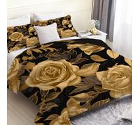 SYHIEGO Couette Légère d'Été 240x220 cm, Couette imprimée Floral Feuillage Doré 2 Personnes, Couette Vintage Bohème Réversible avec 2 Taies d'oreiller -Noir - Ef28