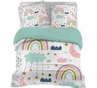 SYHIEGO Housse de Couette 140x200 Enfant Réversible Arc-en-Ciel Étoile Nuage Motif Parure de Lit 1 Personne Microfibre Literie avec Fermeture Eclair avec 2 Taies d'oreiller 65x65cm,Vert