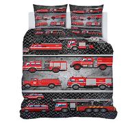 SYHIEGO Housse De Couette 200x200 Camion de Pompier Noir 3D Motif Parure De Lit 200x200 Microfibre avec 2 Taies d'oreiller 65 X 65cm avec Fermeture Eclair pour Adulte Enfant GarçOn 2 Personnes