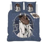 SYHIEGO Housse de Couette 200x200 Jean Bleu Chevaux Réversible Treillis Parure de Lit 2 Personnes Animaux Microfibre Linge de Lit + 2 Taies d'oreiller 65x65cm + Fermeture Eclair pour Adulte Enfant