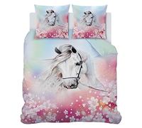 SYHIEGO Housse de Couette 220x240 Rose Cheval Microfibre Parure de Lit Animaux Fleurs Motif 2 Personnes Literie avec 2 Taies d'oreiller 65x65cm avec Fermeture Eclair pour Adulte Fille Enfant