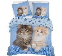 SYHIEGO Housse de Couette 240x260 Adulte Animaux Chat Parure de Lit Microfibre Bleu 3D Imprimé Motif Ensemble de Literie 2 Personnes avec Fermeture Eclair avec 2 Taies d'oreiller 65x65cm