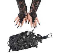 syiyunran Deguisement Malefique Costume Femme - 1 Pièce Ladies Black Feather Lace Fingerless Gloves Pour le Mariage Costumes D'halloween Noir Plume Gants Vintage Dentelle Gothic Filet Gant Noire