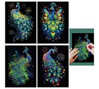 Syiyunran Peintures Carte à Gratter Scratch Painting - 4 Feuilles, 28,5x21 cm Peacock Series Art Papier Couché Couleur Glow in the Dark Avec 1 Pièce de Stylos Pour Adultes Enfants Dessin