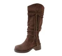 SYJYM Bottes de chevalier d'automne style friche à pompons pour femme talon épais talon moyen tube intermédiaire en daim empilé long, P90912a, 39 1/3 EU