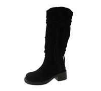 SYJYM Bottes de chevalier d'automne style friche à pompons pour femme talon épais talon moyen tube intermédiaire en daim empilé long, P90912b, 36 2/3 EU
