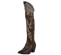 Syjym Bottes hautes pour femme Style western Cowboy Chevalier au-dessus du genou Fermeture éclair latérale Long tube Talons hauts, marron, 41 EU