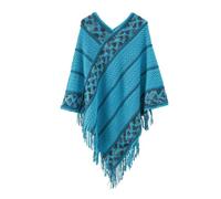SYJYM Poncho d'automne unique vintage pour femme tricoté dans les deux sens avec pompons, pull ethnique ample rétro, a-bleu, 123*155cm