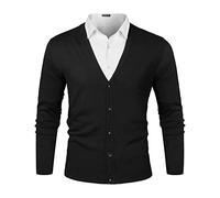 Sykooria Cardigan Homme Coton Épais Gilet Homme à Manches Longues Col en V Pull Homme avec Boutons,L,Noir