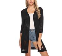 Sykooria Gilet Femme en Coton Long Tricoté Veste Casual à Manches Longue Cardigan Respirant Élégant,L,Noir (Manches Ajourées)