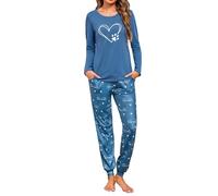 Sykooria Pyjama Femme Hiver Coton Vêtements de Nuit à Manches Longues Col Rond 2 Pièces Doux et Confortable A-Love+Blu S