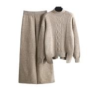 SYLDMKJ Jogging Femme Ensemble Automne Et Hiver en Deux Pièces À Col Roulé À Col Roulé Tricot Top Top Set Pantalon Sportif À Taille Haute Élastique-Kaki-S