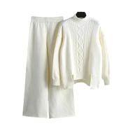SYLDMKJ Jogging Femme Ensemble Automne Et Hiver en Deux Pièces À Col Roulé À Col Roulé Tricot Top Top Set Pantalon Sportif À Taille Haute Élastique-Blanc Cassé-M