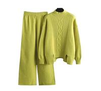 SYLDMKJ Jogging Femme Ensemble Automne Et Hiver en Deux Pièces À Col Roulé À Col Roulé Tricot Top Top Set Pantalon Sportif À Taille Haute Élastique-Vert-XL